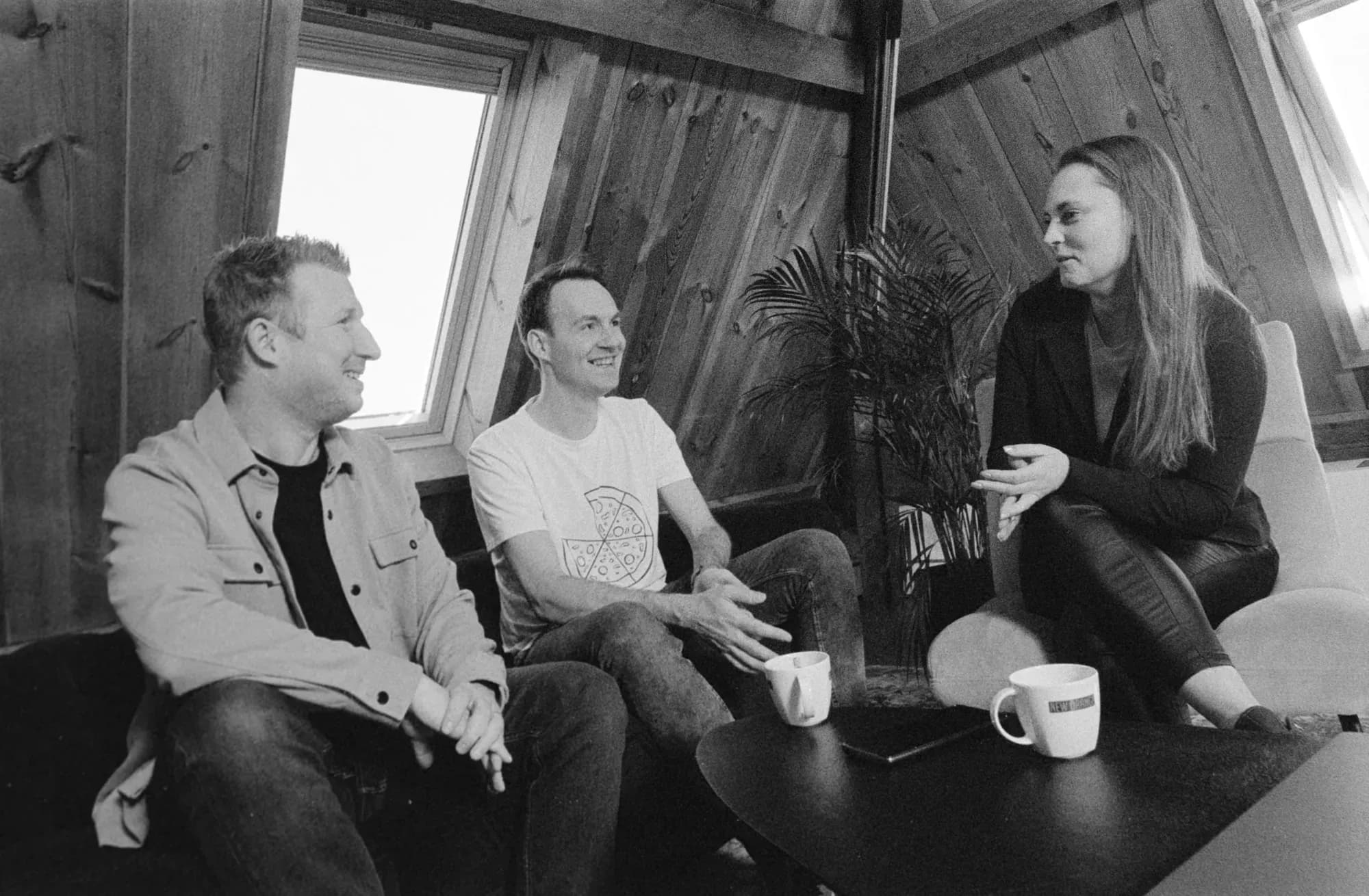 Three colleagues in meeting, smiling
